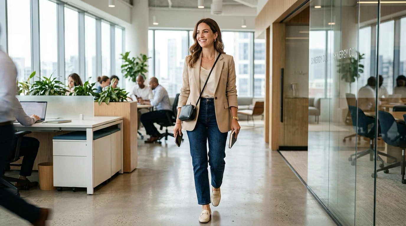 Mulher com blazer bege, jeans escuro e sapatos claros em escritório moderno, exemplo de dress code profissional contemporâneo