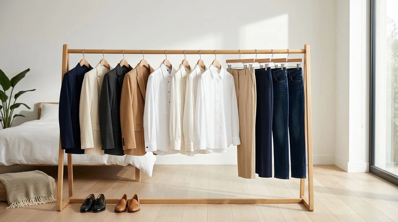 Arara com blazers, camisas e calças versáteis de um guarda-roupa cápsula para o trabalho